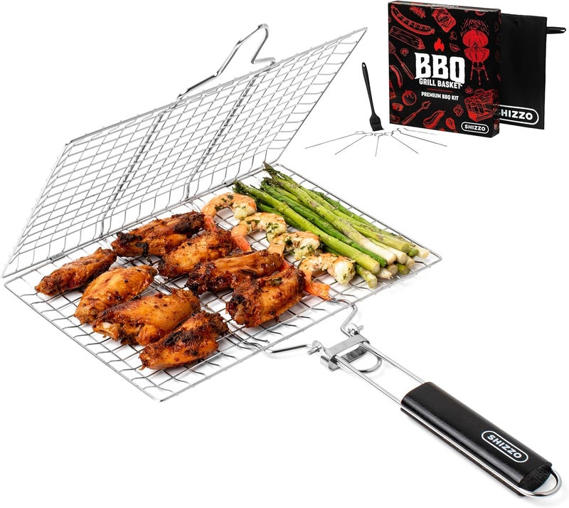 SHIZZO Shallow Grill Basket Set, Grilling Accessories Barbecue BBQ, Stainless Steel Folding Portable Outdoor Camping Rack for Fish, Shrimp, Vegetables, Cooking Accessories, Gift for Family, Freinds - Image 1